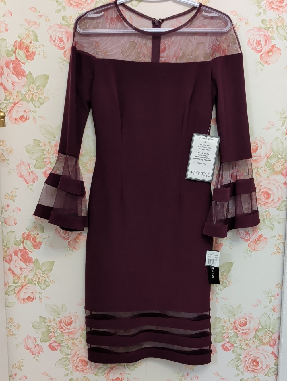 Betsy & Adam Plum Midi Dress with Sheer Panel Bell Sleeves